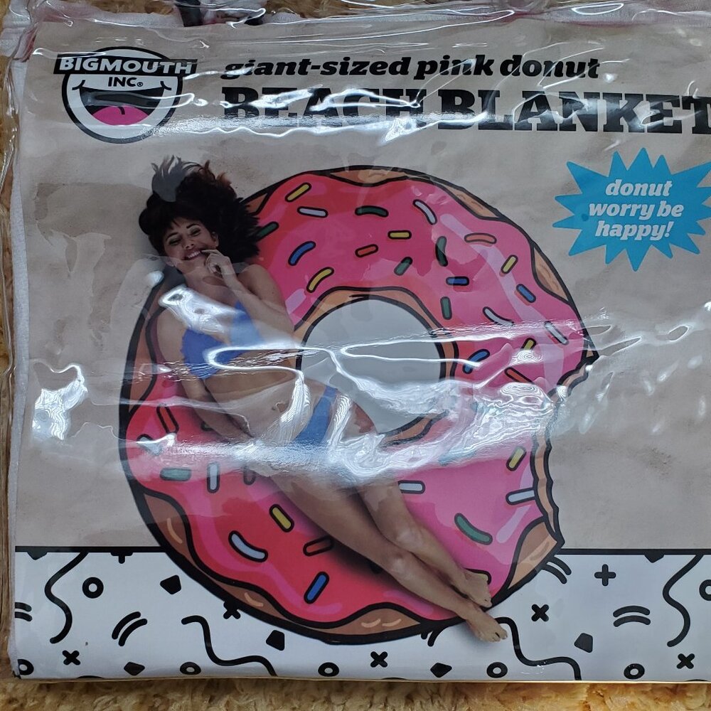 Big Mouth Inc Giant Size 60 X 60 Pink Donut Worry Be Happy beach blanket